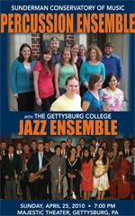 Poster for the Gettysburg College Percussion Ensemble and Jazz Ensemble concert, held Sunday, April 25, 2010, at 7:00 PM.