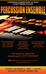 Poster for the Gettysburg College Percussion Ensemble, directed by Tim Sesrick, with a concert at Majestic Theatre Cinema One on December 4, 2011.