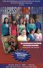 Poster for Percussion and Dance, featuring Gettysburg College’s percussion ensemble and the Contemporary and World Dance group.