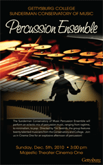 Poster for the Gettysburg College Percussion Ensemble concert on December 5, 2010, at the Majestic Theater Cinema One.