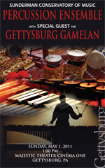 Poster for the Gettysburg College Percussion Ensemble concert on December 5, 2010, at the Majestic Theater Cinema One.