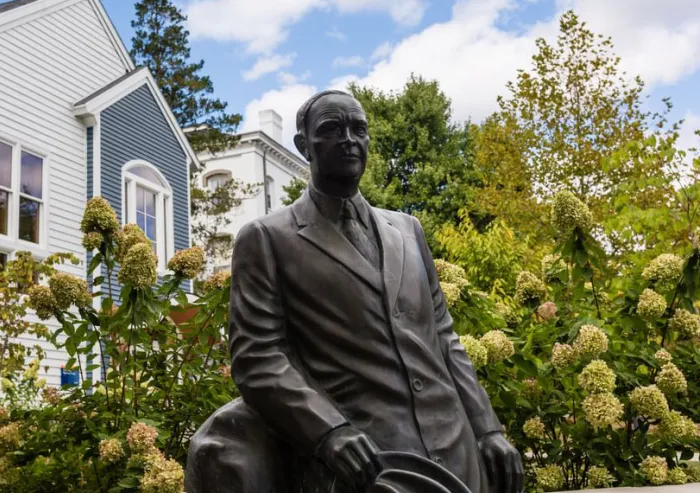 Statue of Dwight Eisenhower in front of the Admissions building