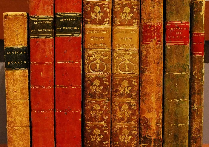 Row of vintage books on a shelf.