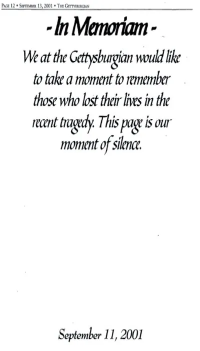 photocopy image of Gettysburgian page denoting moment of silence for events of Sept 11, 2001