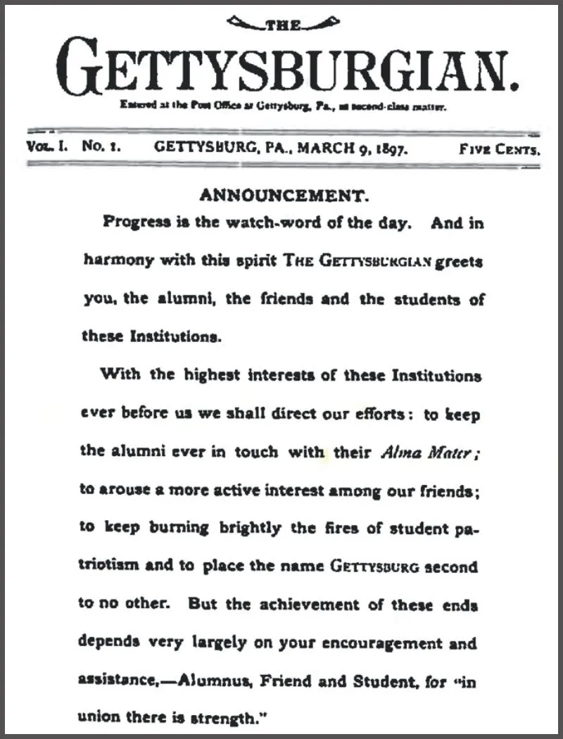 copy of first Gettysburgian from March 9, 1897