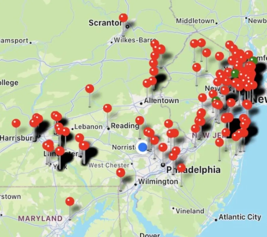 map of eastern PA with pins in locations