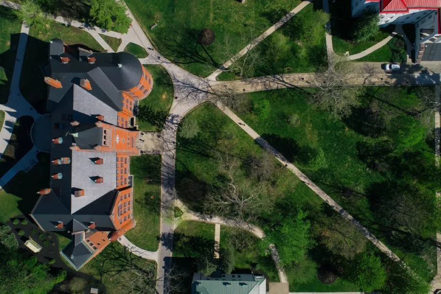 aerial view of Glatfelter Hall and sidewalks nearby