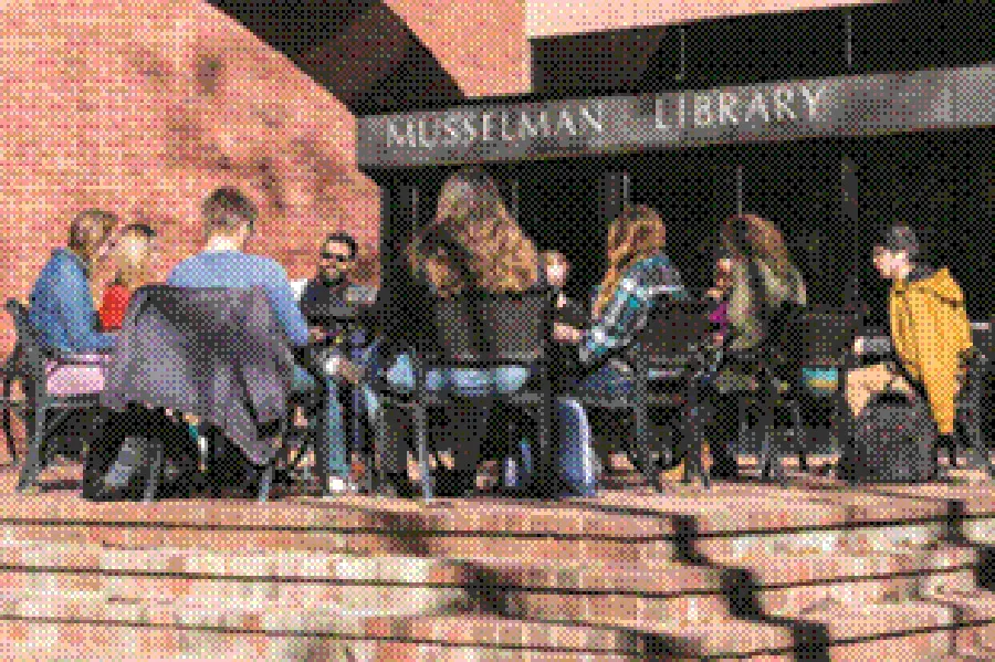 A photo of the students sitting out the library