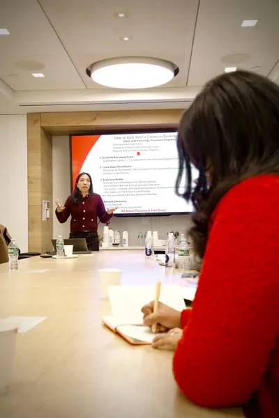 Gettysburg College students learn from investment bankers about starting a finance career.