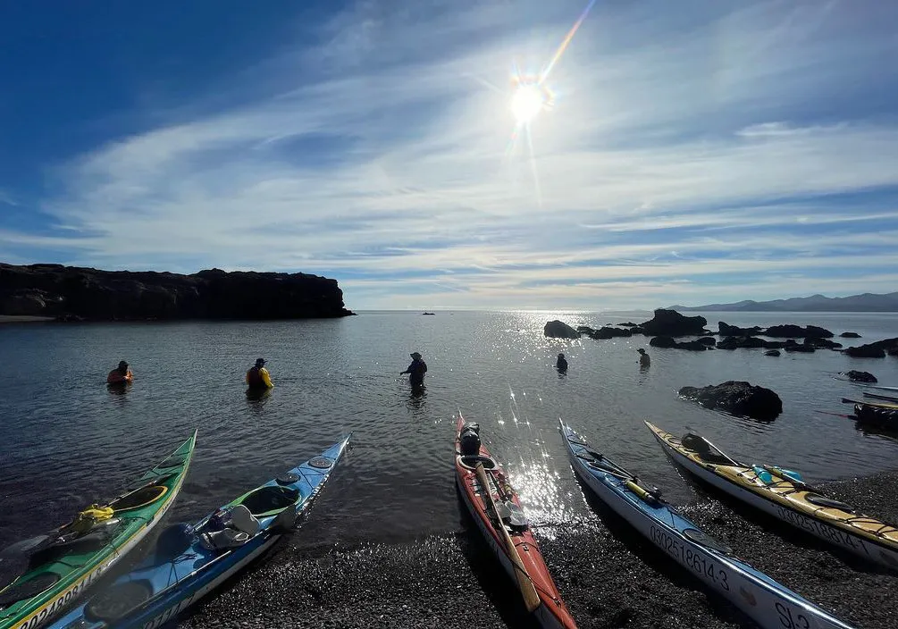 A group of people embark on a kayaking adventure under the bright sun.