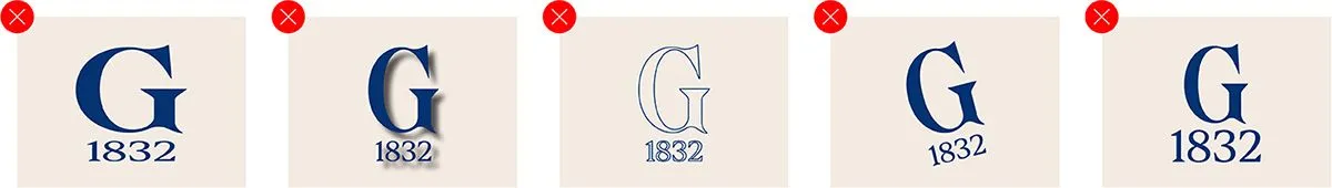 An image showing examples of incorrect usage of the Gettysburg G 1832 logo.