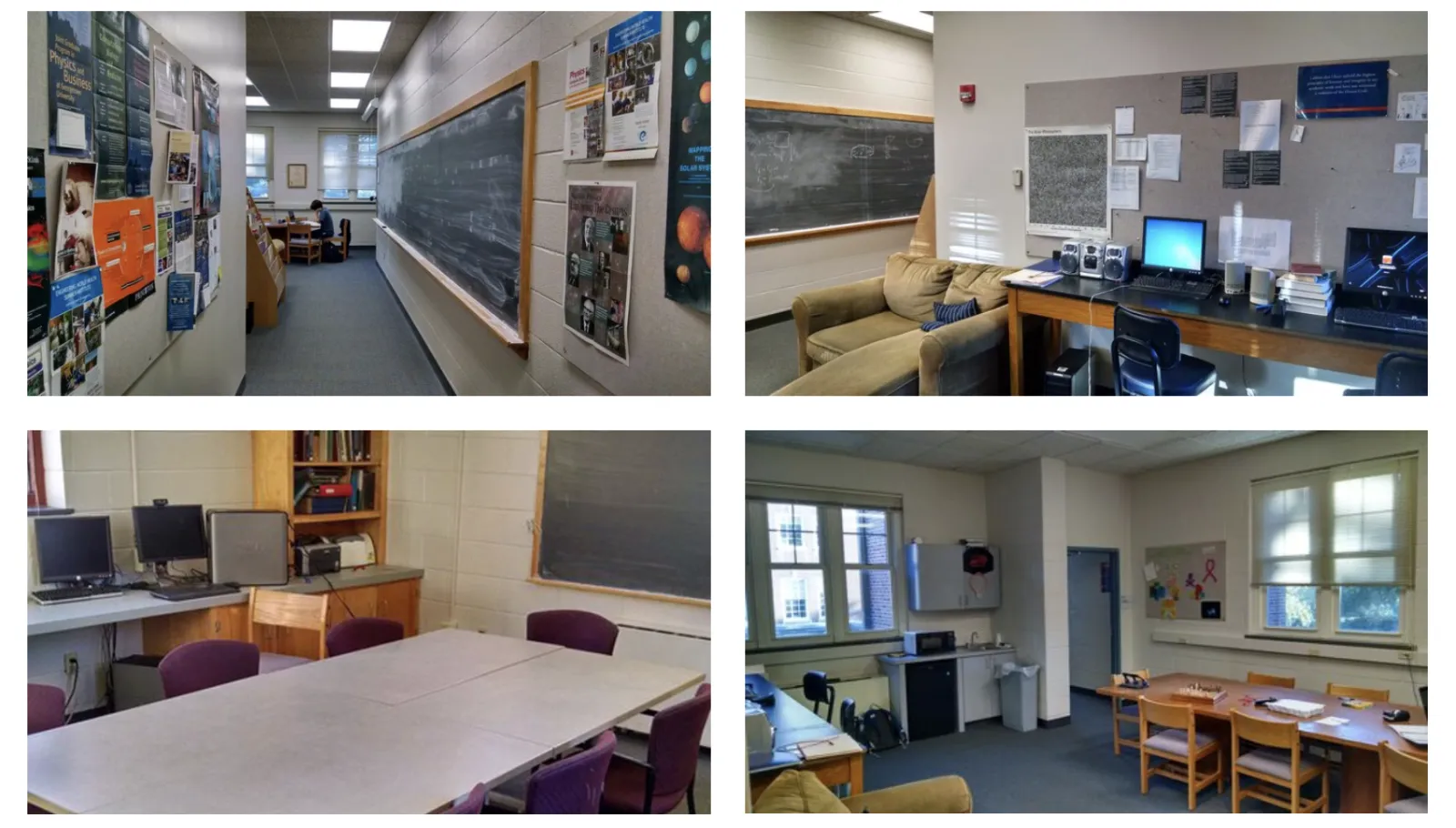 A collection of four photos of the Physics Student Lounge.
