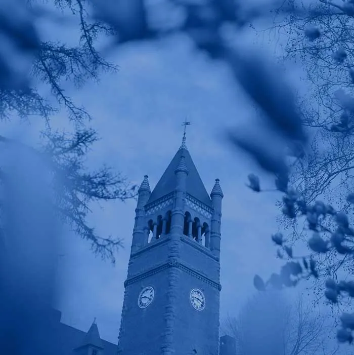 An image of Glatfelter Hall with a blue filter over it.