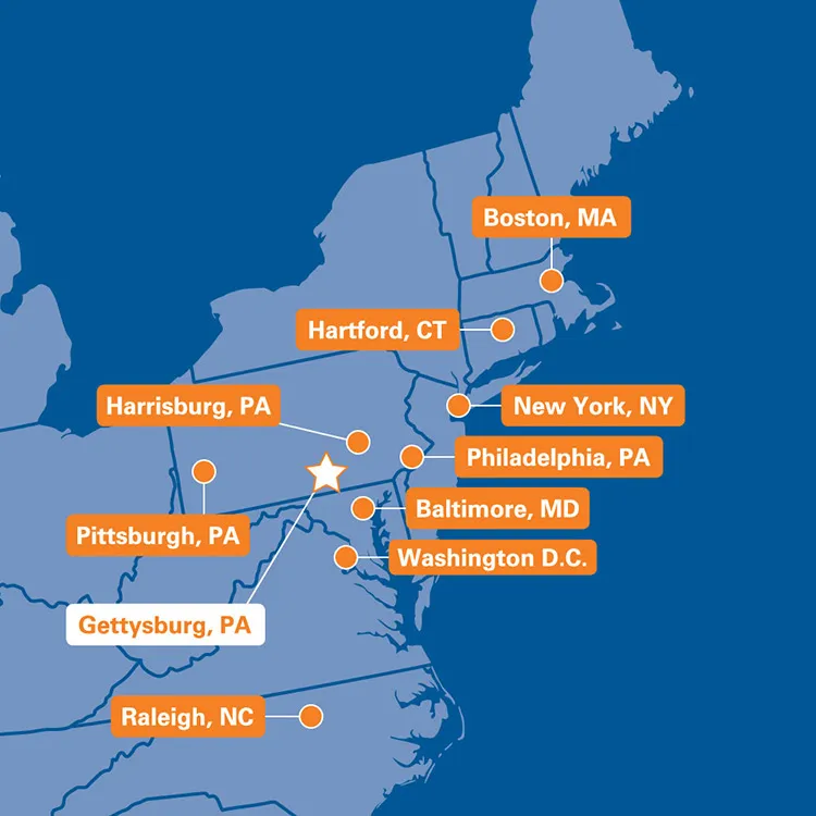 A stylized map highlights Gettysburg, Pennsylvania, and nearby cities in the northeastern United States, including Boston, Hartford, New York, Philadelphia, Baltimore, Washington, Pittsburgh, Harrisburg, and Raleigh.