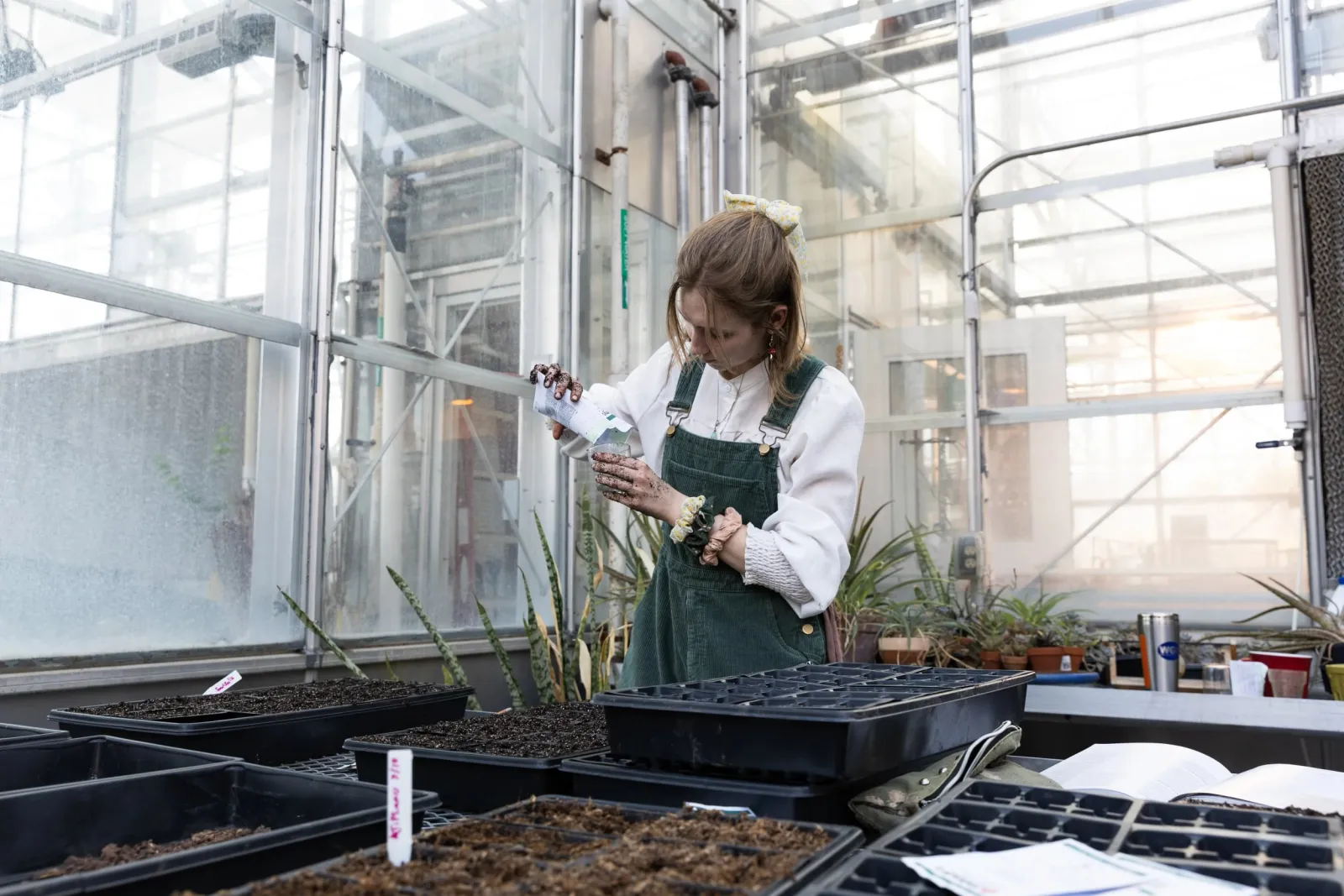 bio student in greenhouse