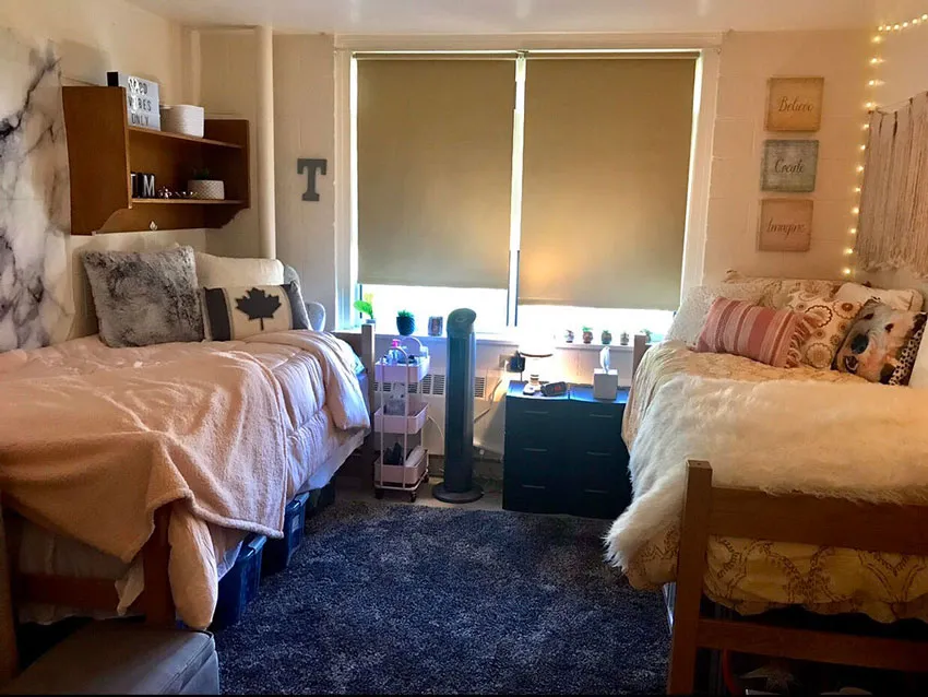 Two beds in a dorm room.