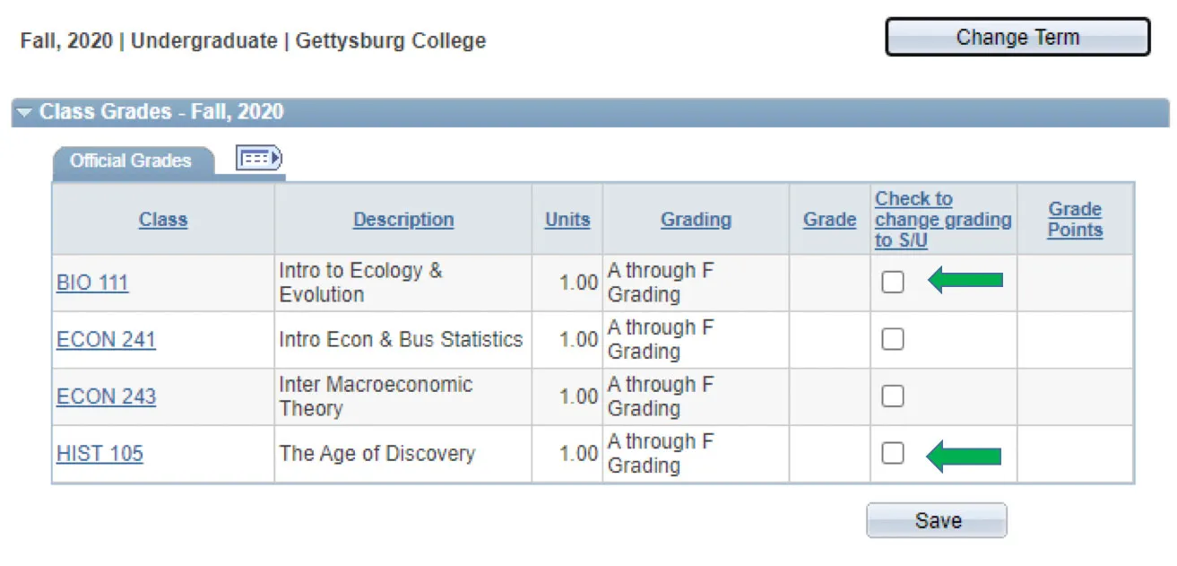 Screenshot of the Student Center displaying a table of options for classes to switch to S/U grading with green arrows