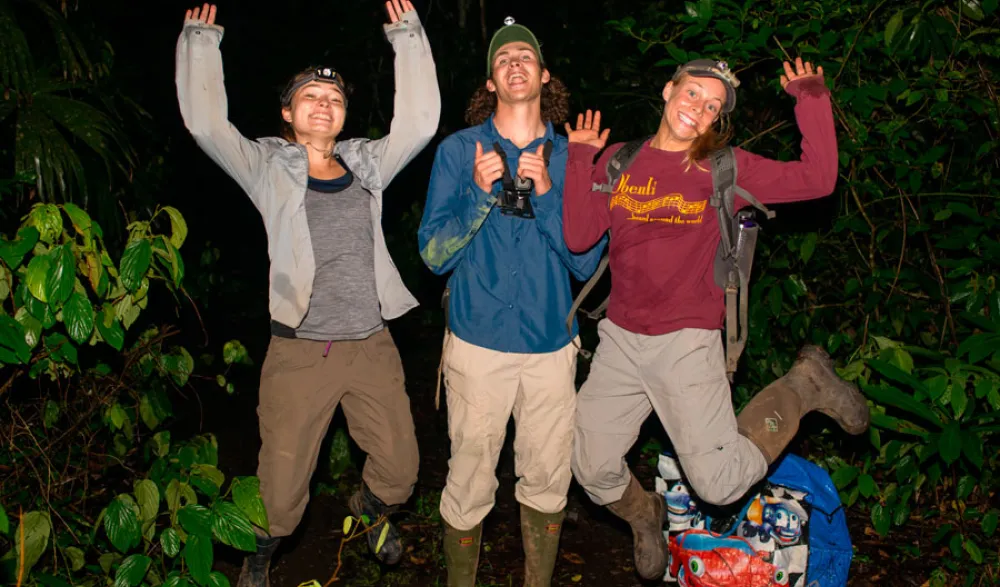 Group jumping for joy at night outdoors in hardhats