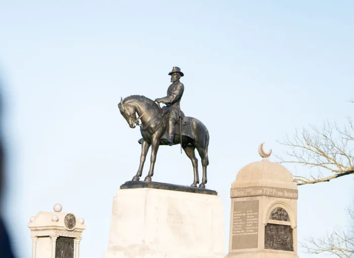 Equestrian statue and Civil War monuments at Gettysburg National Military Park.