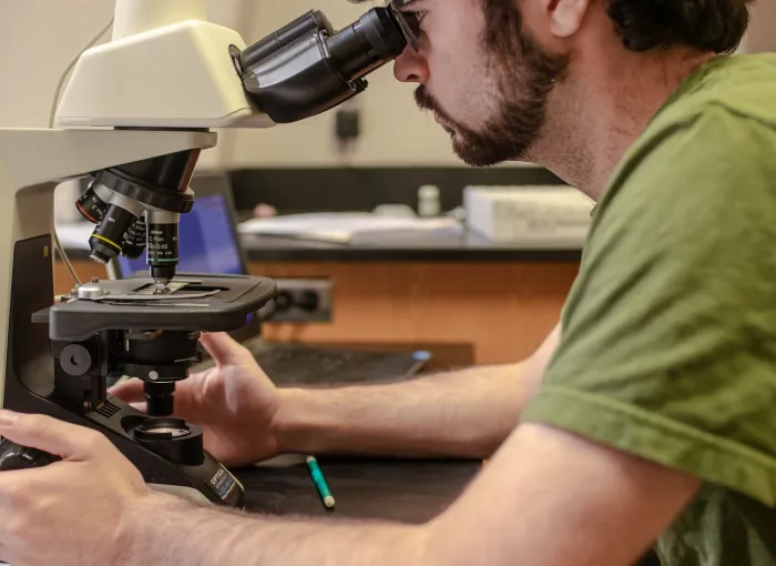 student peering into microscope