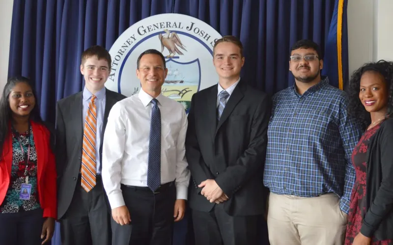  Ben Pontz ’20 (second from left) alongside then Pennsylvania Attorney General Josh Shapiro and other Finnegan Fellows.